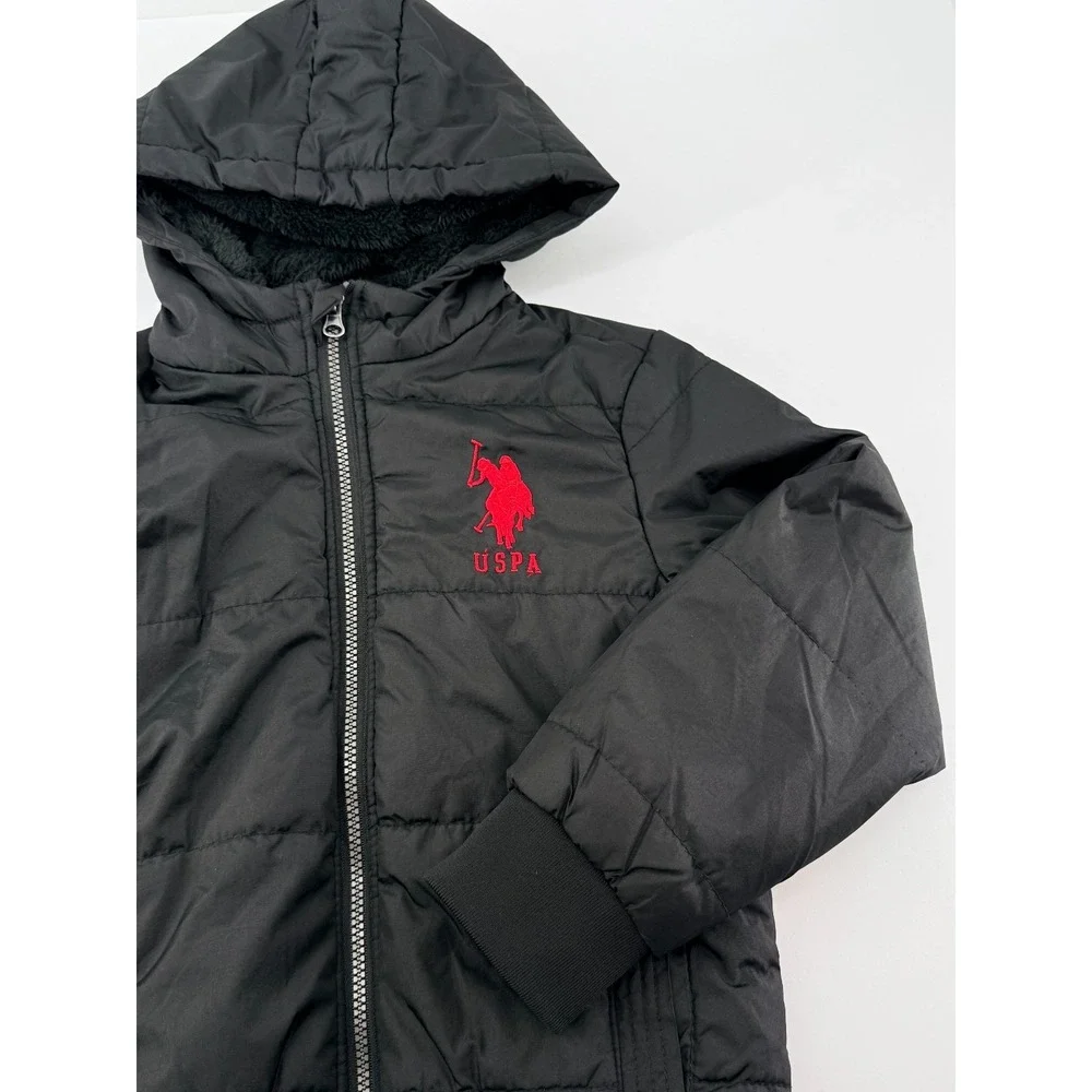 U.S. Polo Assn Boys Puffer Jacket‎ XS 4-5 Black Hooded Full Zip Winter Coat